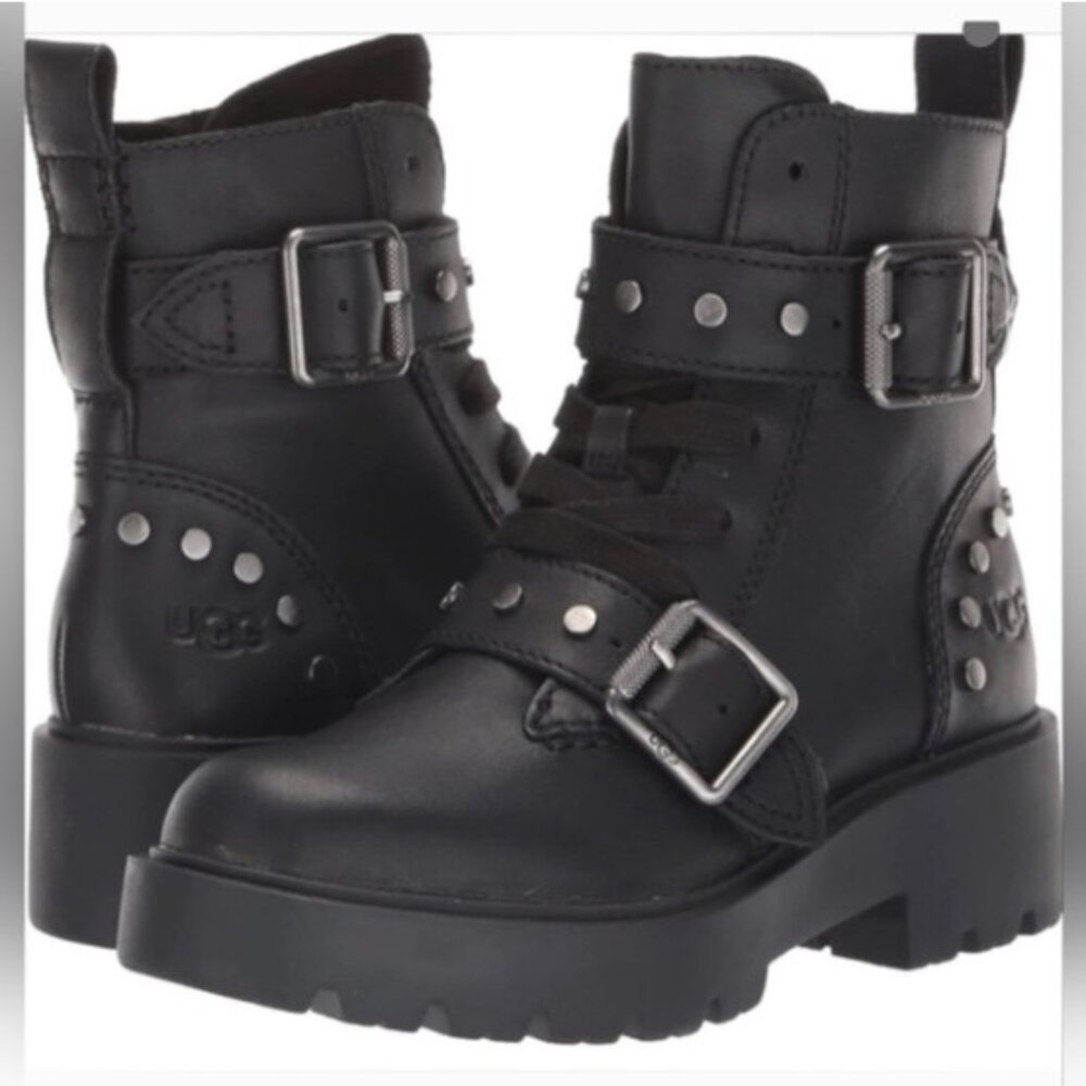 Ugg Zorrah Boots 6 Moto Combat Black Leather Silver Studs Side Zip Strap Buckle - Picture 16 of 16
